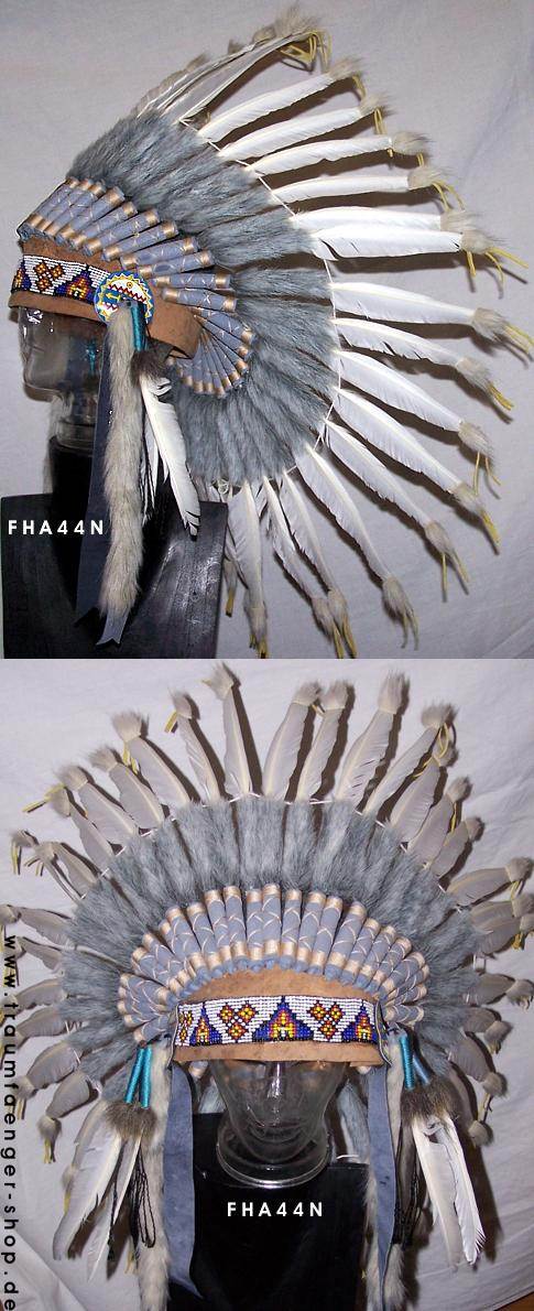 Indianer Federhaube XL 100 cm.Kopfschmuck weiße Federn gepunktet Federschmuck 
