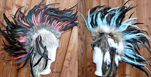 irokesen Federkopfschmuck  Haube mit schwarz und farbigen langen Federn